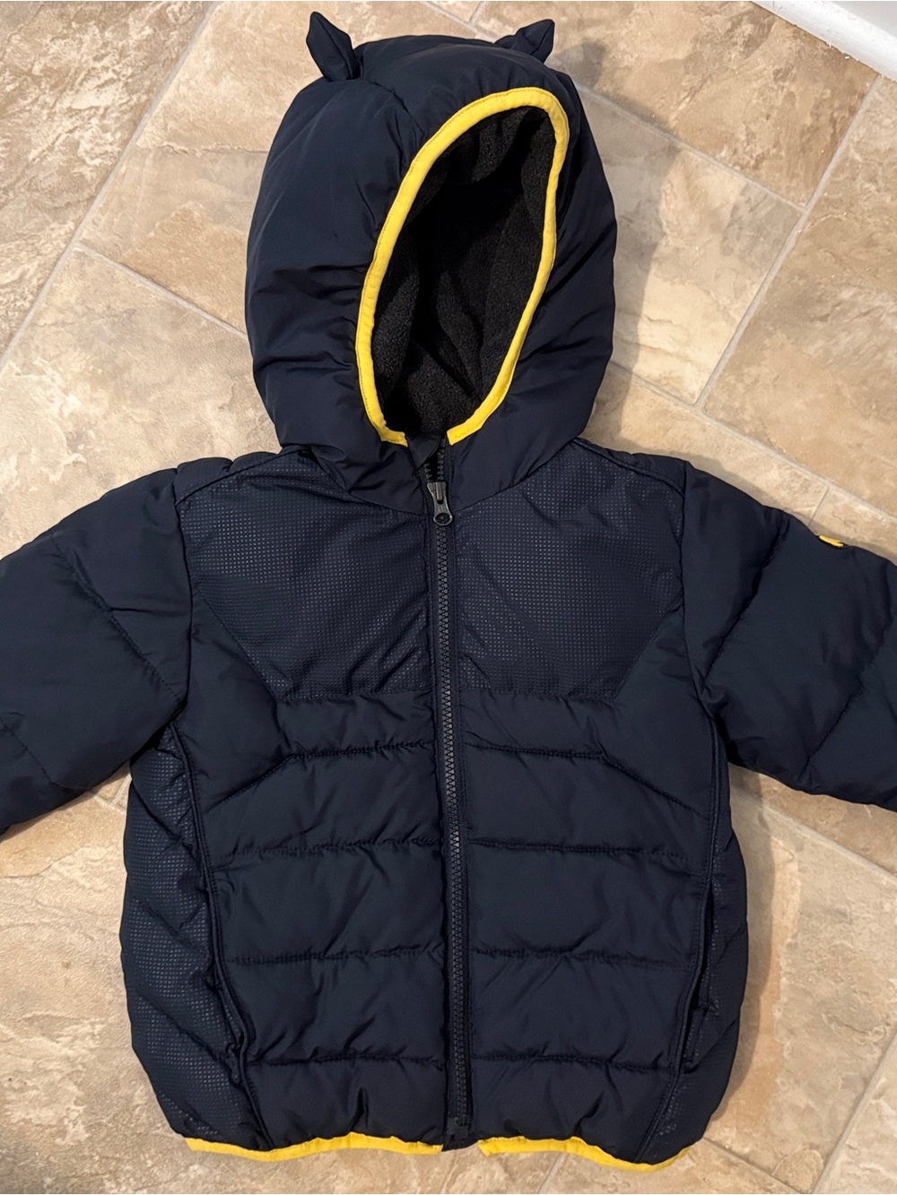GAP + JUNK FOOD Batman puffer Jacket  with logo on sleeve/batman ears on hood